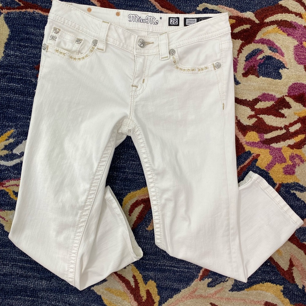 Miss Me‎ White Jeans denim low rise vintage Skinny capri Y2K gold crystals 28 4